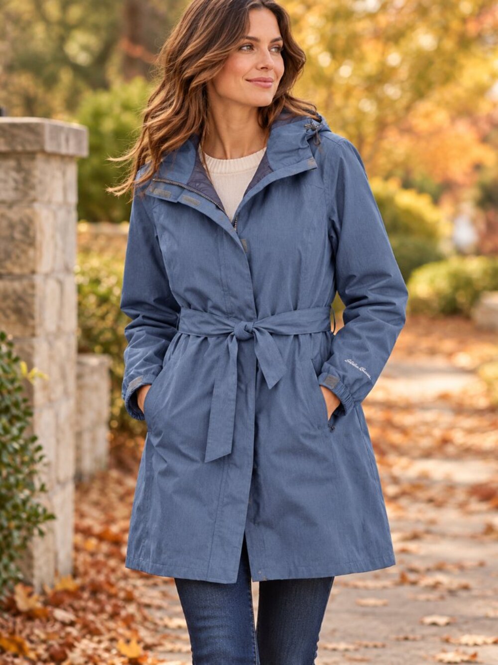 Eddie Bauer Women’s L Hooded Rain Jacket Blue Belted Windbreaker Full Lined